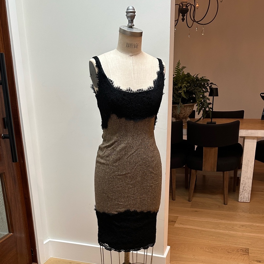 Diane Von Furstenberg Black Lace  and Brown TWEED Midi Dress